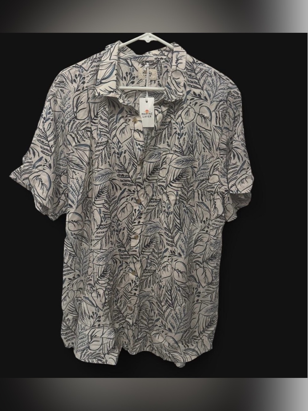 Marine Layer Short Sleeve Button-Up Shirt in White and Navy Leaf Print